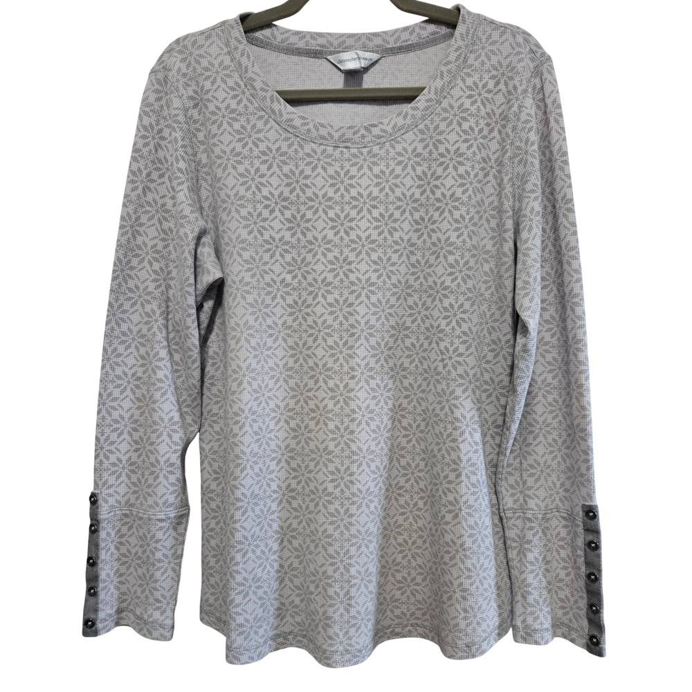 Christopher & Banks Gray Flower Thermal Top‎ XL Long Sleeve Button Velvet Cuff